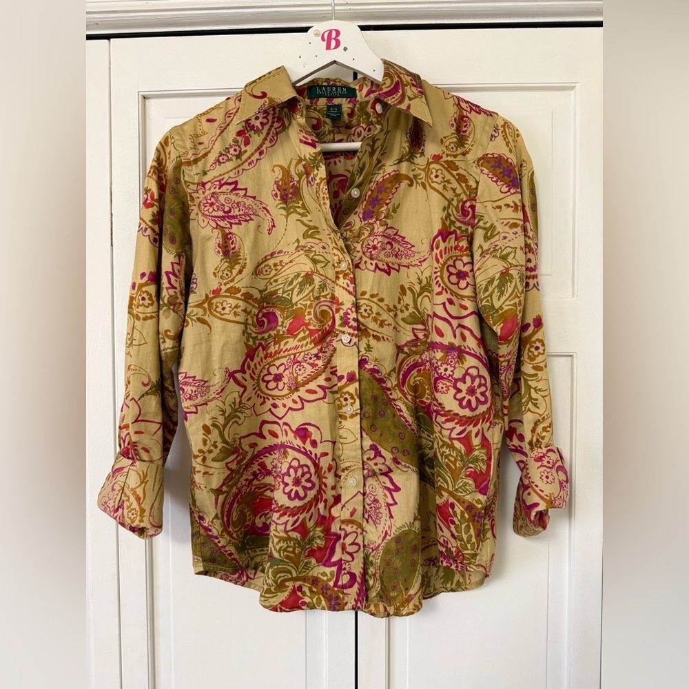 Lauren Ralph Lauren Paisley Floral Button Up Shirt Petite Small Career Office